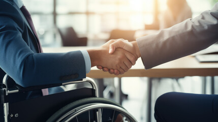 Close-up view of co-workers shaking hands. Businessman and disabled colleague on wheelchair.