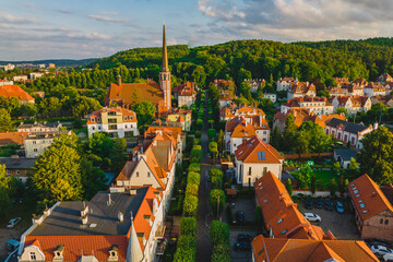 Neo-Gothic church in Oliwa in Gdańsk. View from the drone, summer. © Kamil
