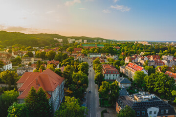 Oliwa streets in Gdansk on a beautiful summer evening. Drone view. - obrazy, fototapety, plakaty