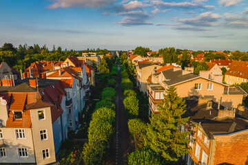 Oliwa streets in Gdansk on a beautiful summer evening. Drone view. - obrazy, fototapety, plakaty