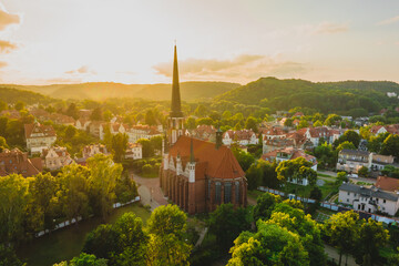 Neo-Gothic church in Oliwa in Gdańsk. View from the drone, summer.