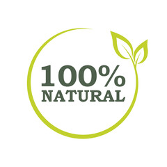100% natural products sticker, label, badge and logo. Ecology icon. Logo template with green leaves for organic and eco friendly products. Vector illustration