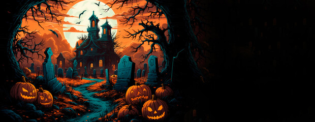 Fototapeta premium Haloween background, graveyard in spooky death Forestwith pumpkin
