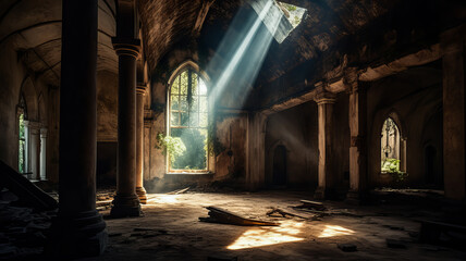 Fototapeta premium A ray of light in a dark kingdom. Generative AI technology.