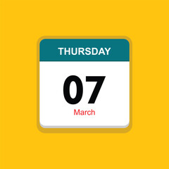 march 07 thursday icon with yellow background, calender icon