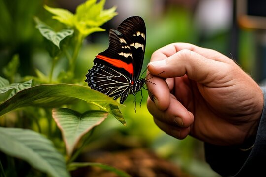 Butterfly on a man's hand.