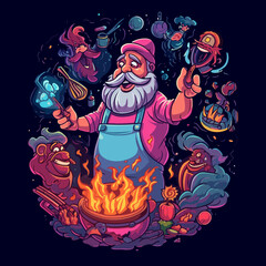A crazy chef prepares food for a Halloween party.  BBQ time, grill party. Cartoon vector illustration. 