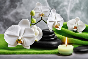 Fototapeta na wymiar Wellness und Steine, Orchideen, Kerze und Handtuch