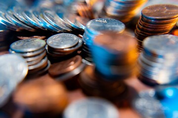 Nickels dimes and quarters with a shallow depth of field and selective focus about to collapse - obrazy, fototapety, plakaty