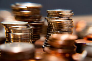 Nickels dimes and quarters with a shallow depth of field and selective focus about to collapse