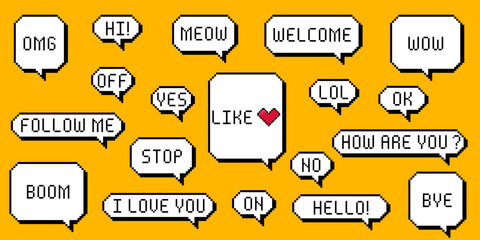 Set of different pixel speech bubble. Geometric texting dialogue boxes isolated on white background. Modern vector illustration.