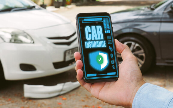 car insurance concept, person driver reading website on smartphone screen