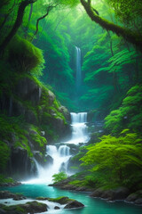 Enchanting Green Forest Landscape with Majestic Waterfall