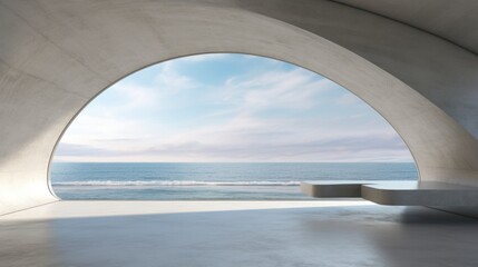 Abstract empty minimal open space concrete interior with an ocean view outside, 3d rendering