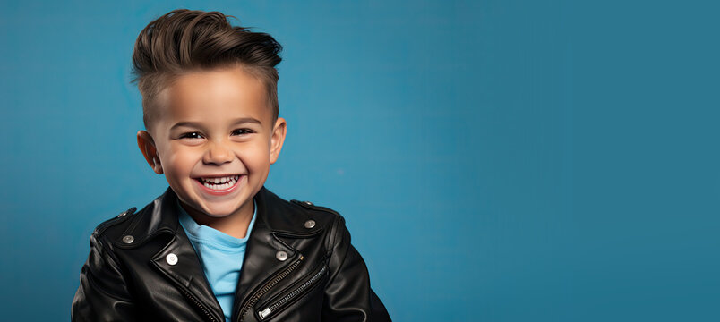 Cute Boy Dressed as 1950s Greasers Costume with Copy Space on a Blue Banner 