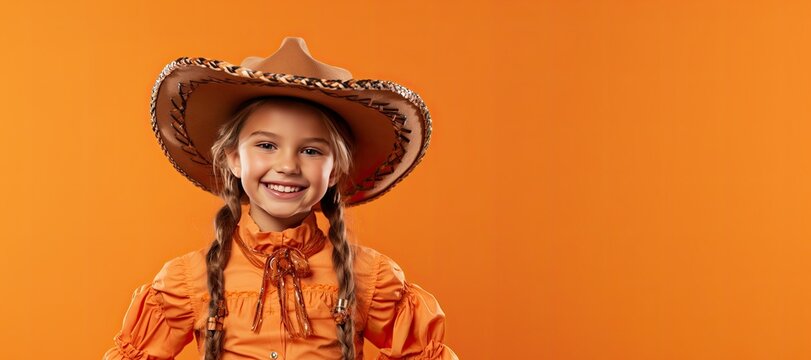 Cute Cowgirl For Halloween On An Orange Banner With Space For Copy	