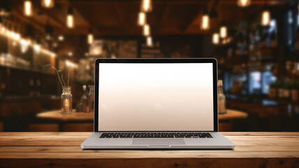 Empty mockup laptop computer screen on a wooden bar pub table with blurred interior cafe restaurant background