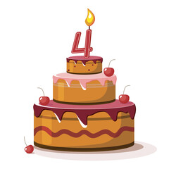 Four year cake. Vector birthday cake. Holiday cake with candle.  Big cherry cake on white background.Four  year old baby.