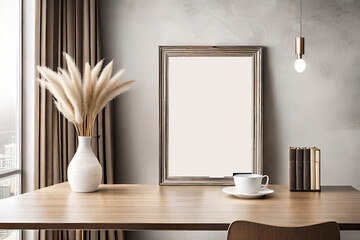 Empty wooden picture frame, poster mockup hanging on beige wall background. Vase with green eucalyptus tree branches on table. Cup of coffee, books. Working space, home office. Modern art display