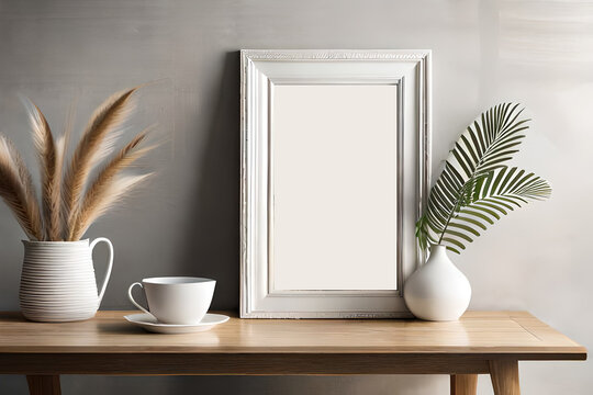 Mockup of an empty wooden picture frame hanging on a beige wall background. Boho-shaped vase with dried flowers on a table. Cup of coffee and old books, white coffee cup on a table