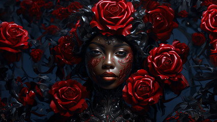 Hübsche Afroamerikanische Frau mit roten Rosen umhüllt im dunklen Licht Nahaufnahme, ai generativ
