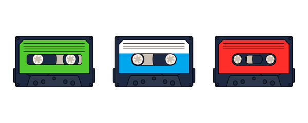 Set of retro games console, computer and cassette tape. Nostalgia 1990s, 2000s. Retrowave style vector illustration