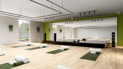 Empty Yoga studio interior design, open space with stage and large mirror, 3d rendering