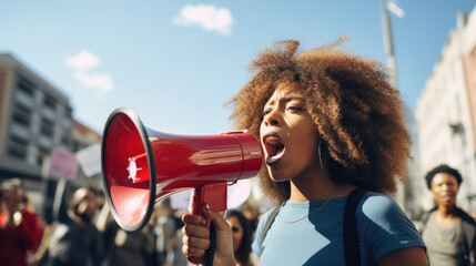 Black woman Labor activist protesting with megaphone during a demonstration