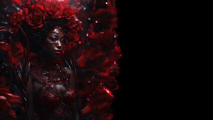 Hübsche Afroamerikanische Frau mit roten Rosen umhüllt im dunklen Licht Nahaufnahme, ai generativ