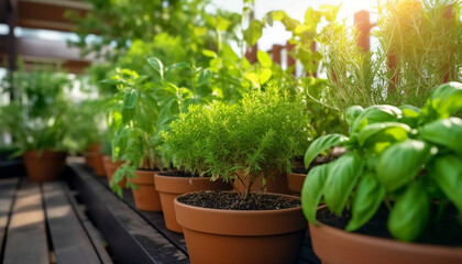Fototapeta na wymiar Growing aromatic herbs in pots on the patio