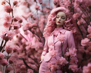 Naklejka premium Doll in Pink Suit with a Thoughtful Expression
