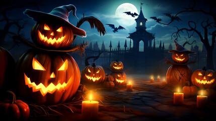 Halloween gift card, with pumpkins, spooky night mood, scary bats and witches. Happy Halloween. Illustrative Generative AI.