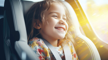 Happy girl in a child car seat wearing a seatbelt while traveling by car. - obrazy, fototapety, plakaty