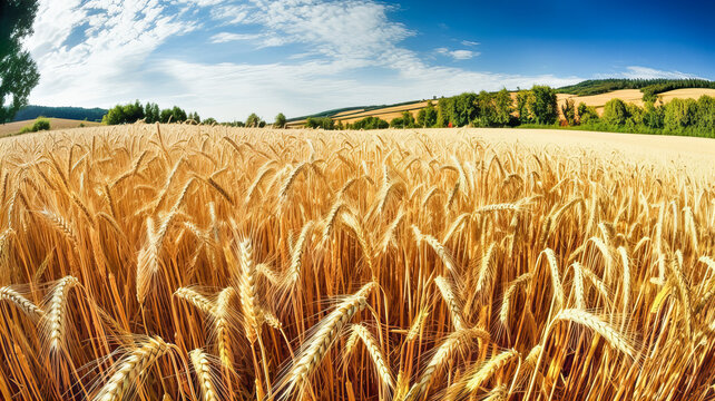 A wheat field against a blue sky. Generative AI technology.