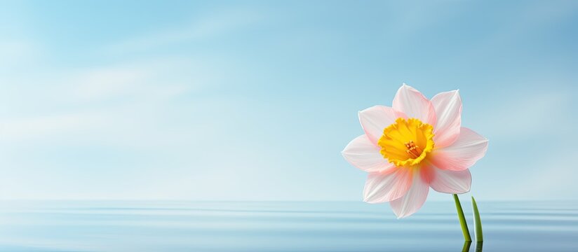 A beautiful pink and fresh spring narcissus flower is placed on a blue background. It can be used as a banner or greeting card design. copy space available for adding text. This image is also suitable