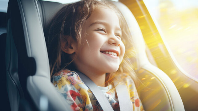Happy girl in a child car seat wearing a seatbelt while traveling by car.