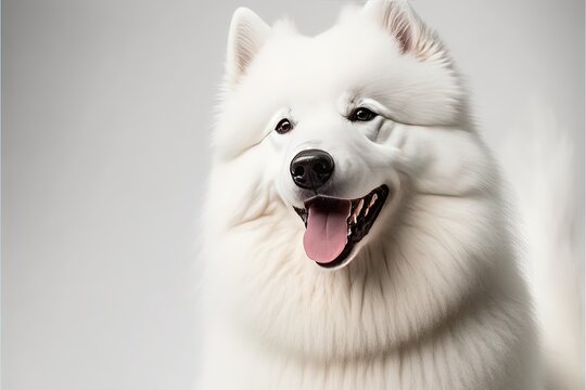 Happy samoyed dog photography with white background. Generative AI.
