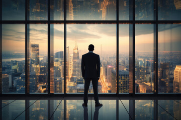 Fototapeta na wymiar Person standing in front of a large glass window, looking out at the city skyline, representing the idea of of clear vision and a long-term perspective in achieving business success.