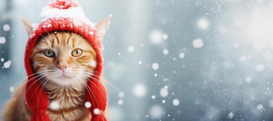 A cute ginger cat in a red knitted hat sits in the snow. Snowy winter background with copyspace. Concept of pets family members.