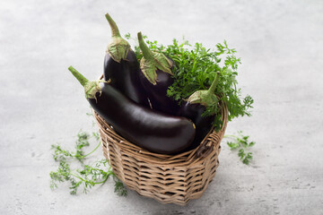 Wicker basket with ripe eggplants and herbs on a gray textured background