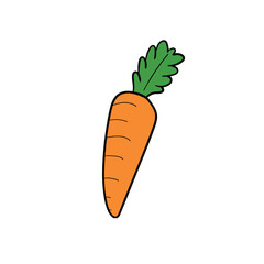 Cartoon orange carrot with a green leaf hand-drawn on a white background.