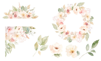 watercolor floral bouquets with gentle beige flowers, neutral watercolor floral arrangement. white, blush pink rose, pale flowers. Perfect for wedding invitations, packages, save the date