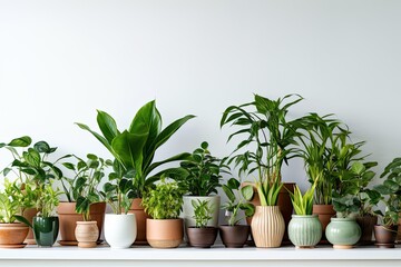 Many green potted houseplants near white wall on wooden table. Copy space. Generative AI.