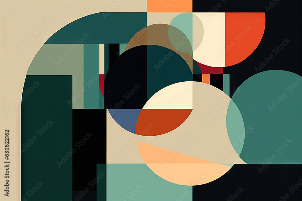 Poster Abstract background in the style of expressionism, modern and Bauhaus. Artistic abstraction with colorful circles and lines. Generative AI.
