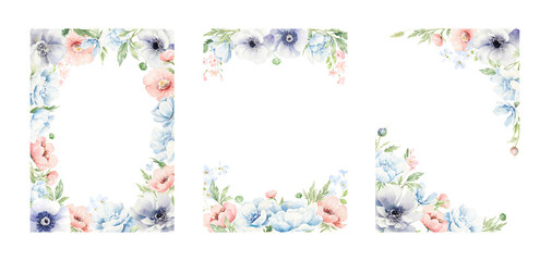 Fototapeta na wymiar Watercolor floral wreaths and frames clipart. soft blue anemones, Pink and blue flowers, green leaves and branches, summer floral elements clip art. for postcards and wedding invitation