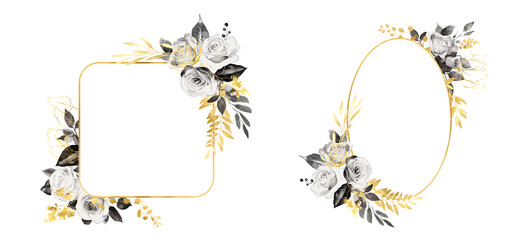 Obraz premium Wedding invitation card set with black and white roses flowers and gold metal effect. rose black and gold watercolor background floral frame with white space, 