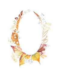 Watercolor fall frames and bouquets on white background. Orange and beige autumn wild flowers, branches, maple leaves and twigs.  Templates for square wedding invitations with an autumn bouquet