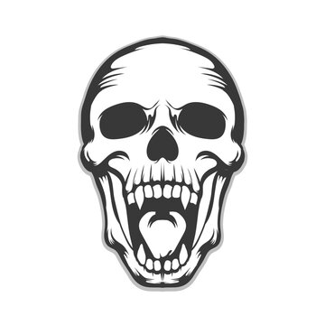 Human skull open big mouth and teeth also two big teeth vectro design