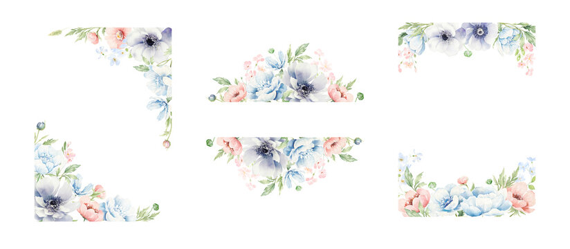 Watercolor Floral Wreaths And Frames Clipart. Soft Blue Anemones, Pink And Blue Flowers, Green Leaves And Branches, Summer Floral Elements Clip Art.  For Postcards And Wedding Invitation