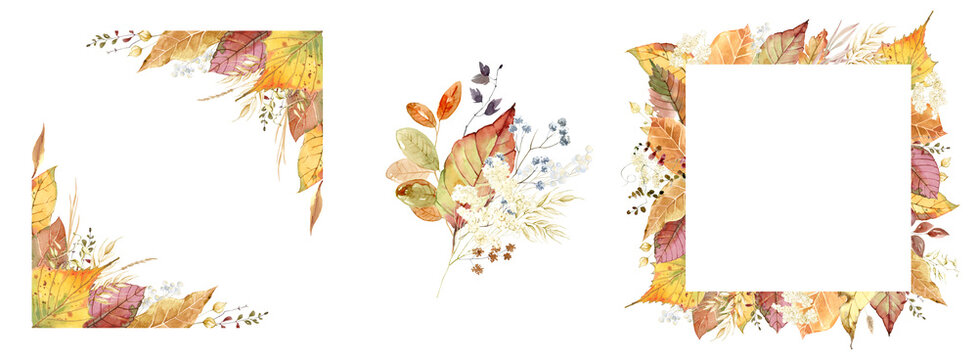 Watercolor fall frames and bouquets on white background. Orange and beige autumn wild flowers, branches, maple leaves and twigs.  Templates for square wedding invitations with an autumn bouquet